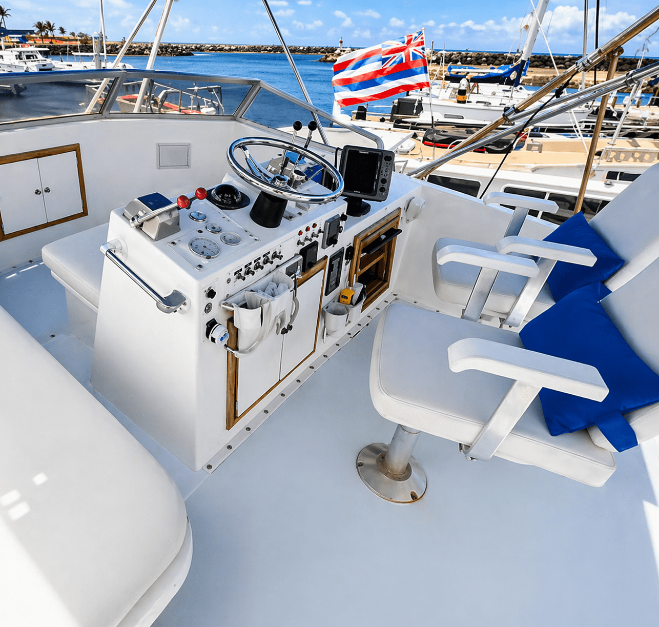 Luxury boat dashboard overlooking harbor scene
