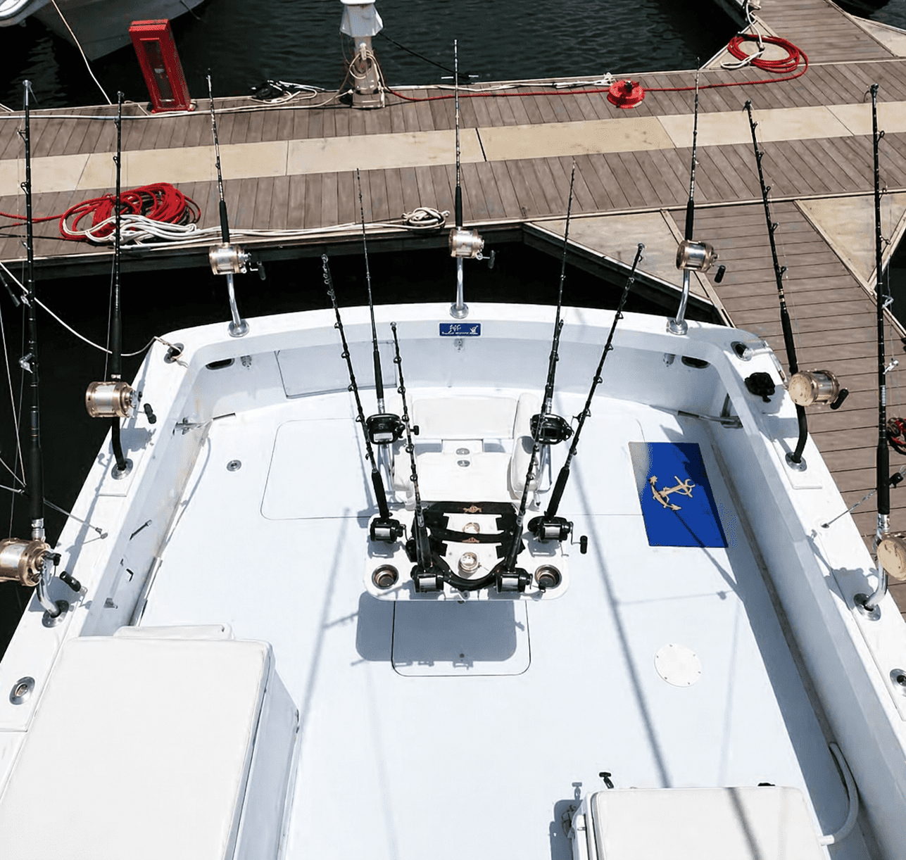 Docked fishing boat with equipment